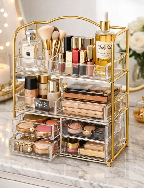 acrylic-makeup-holder-makeup-vanity-idea-for-small-space