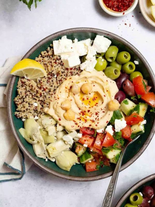 Mediterranean salad bowl no cook meal lunch ideas