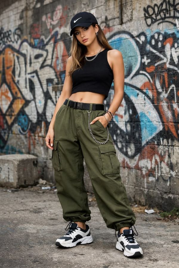 cargo-pants-with-fitted-crop-top-school-outfit-ideas