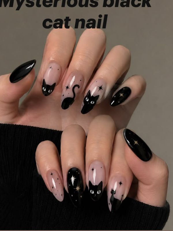 Black-cat-Halloween-nails 