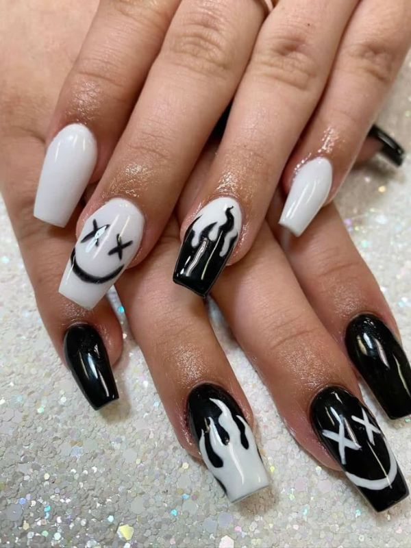 White-and-black-Halloween-nails 