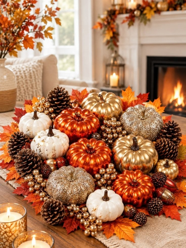 Thanksgiving-centerpiece-Pinecone-pumpkin-ideas