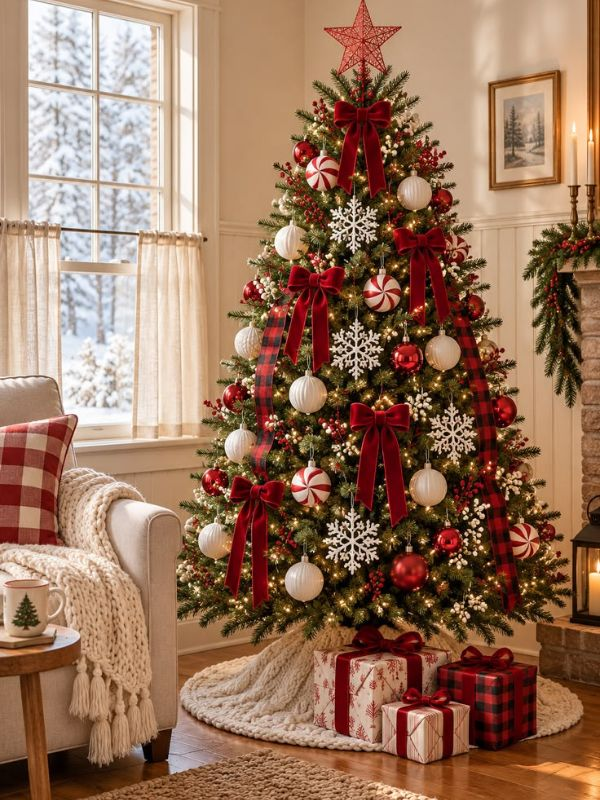 Traditional-Christmas-Tree-Ideas-With-Plaid-Ribbons